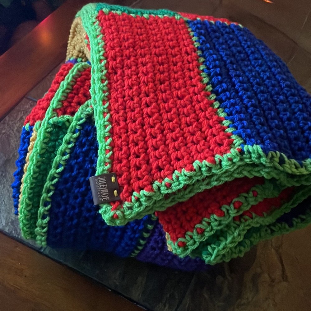 Homemade Throw in Blue-Green-Red-Purple and Gold- crocheted. OS
